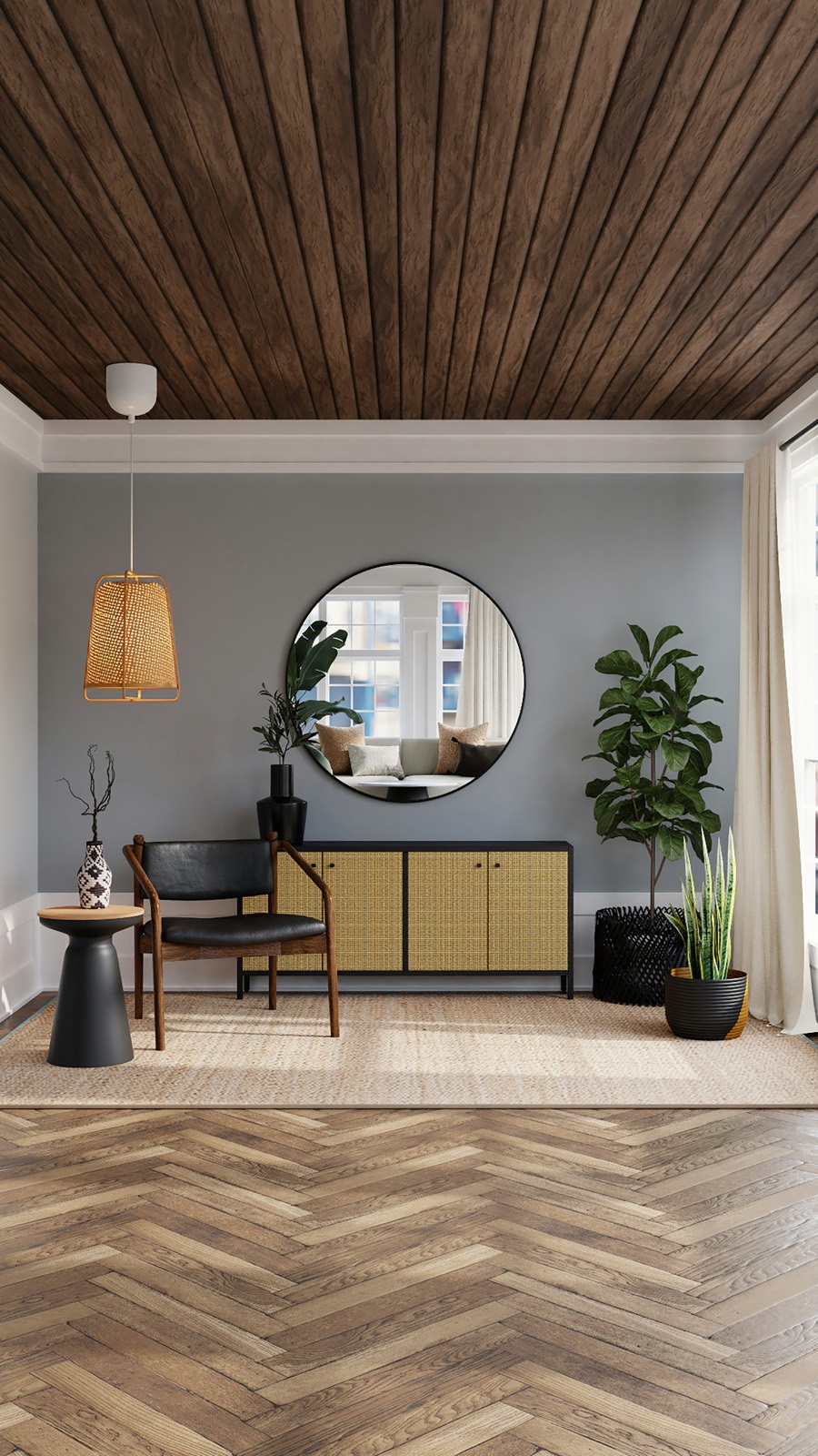 Rotan hanglamp boven een zithoek
