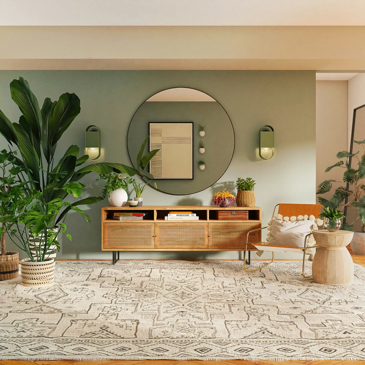 Lichte woonkamer met veel planten en rotan